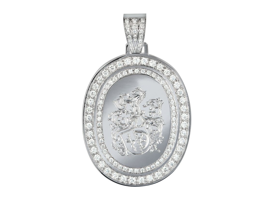 Medaillon Familienwappen 18kt Weißgold Diamanten 2ct Handarbeit