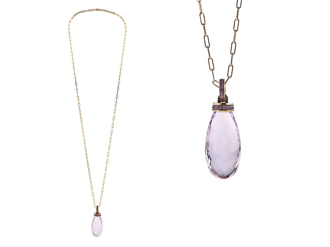 Alberti Halskette Anhänger Tropfen 18kt Roségold 26,9g Amethyst 69,95ct pinke Saphire 0,31ct 700mm