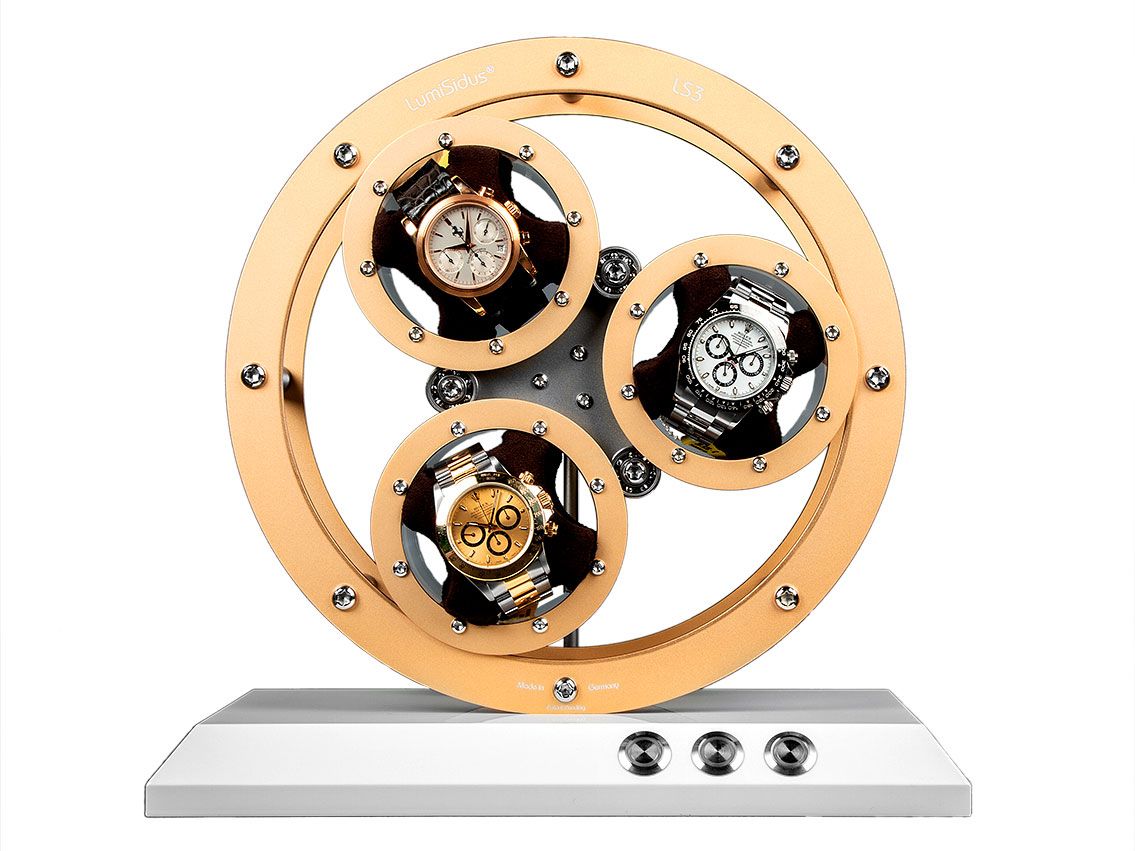 LumiSidus LS3 Trio Gold Uhrenbeweger mit Sockel aus lackiertem Aluminium 28x28x17cm Neu