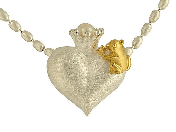 Drachenfels Anhänger "Herz mit Froschkönig" und Kette Silber/Gelbgold Perle Neu