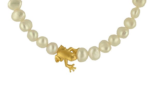 Drachenfels Collier Süsswasser Zuchtperlen "Froschkönig" Gelbgold Neu