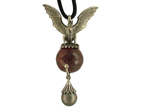 Drachenfels Anhänger "Dragonfly" Silber Lederkette Granatkugel Vintage UVP 828,- Neu