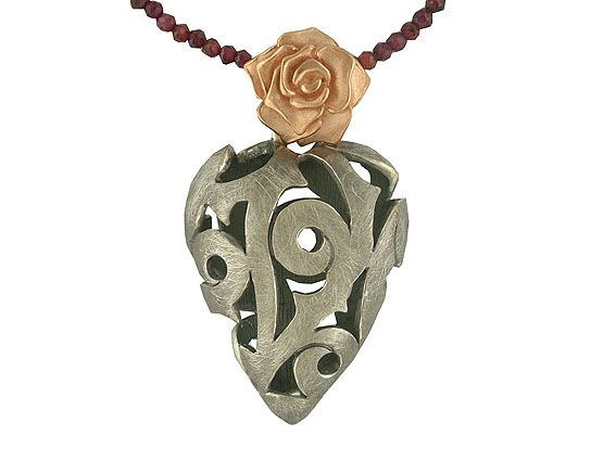 Drachenfels Anhänger "Rosenherz" Rhodolithpaveé Silber mit Granatkette Neu