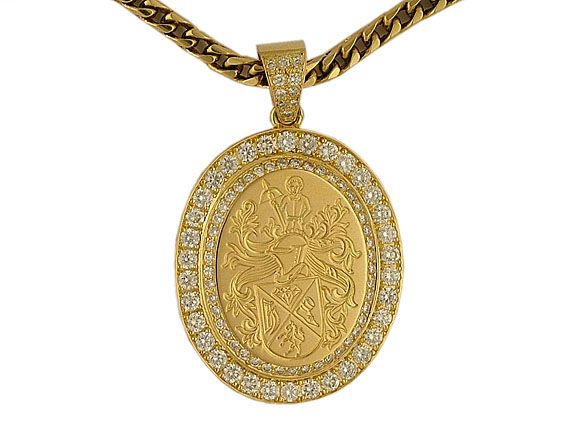 Medaillon Familienwappen mit Halskette 18kt Gelbgold 46,0g Diamant 1,01ct Handarbeit