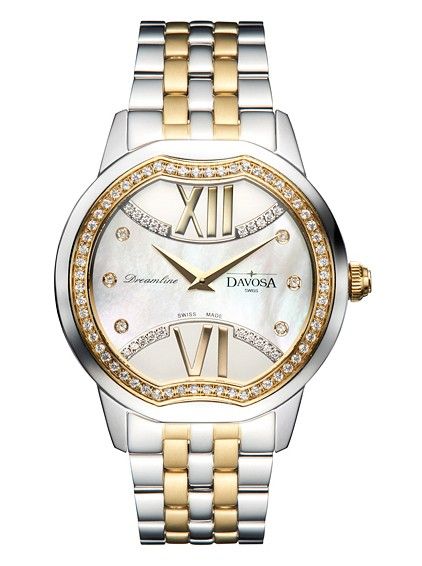 Davosa Dreamline II Stahl/Gelbgold Zirkonia Perlmutt Quarz 35x36mm Neu