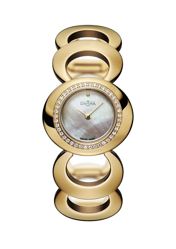 Davosa Vintage 60S Perlmutt Swarovski-Steine Quarz Stahl / PVD vergoldet 36x30mm Neu