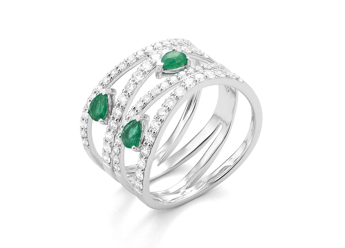 Facet Ring 18kt Weißgold 5,9g Diamanten 0,82ct Smaragd 0,64ct