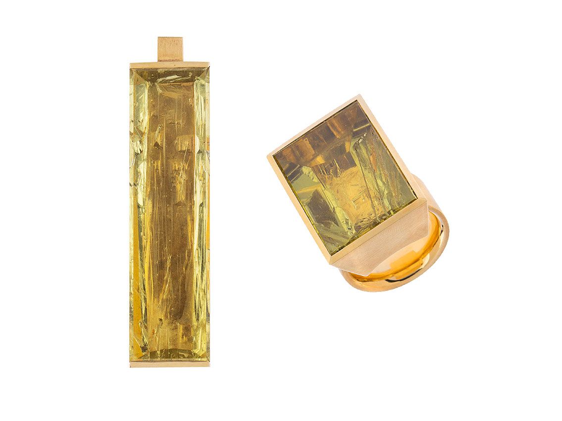 Schmuckset Anhänger Ring 18kt Gelbgold Chrysoberyll Handarbeit