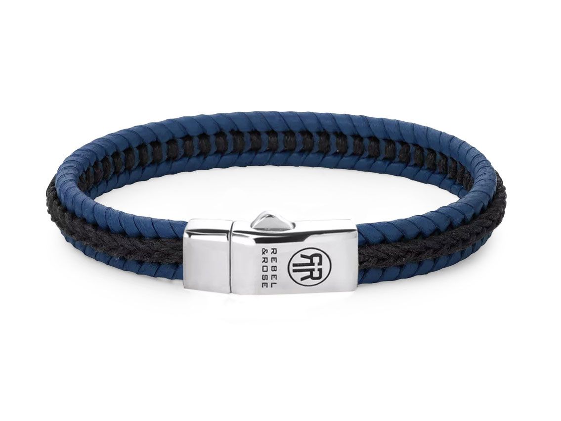 Rebel&Rose Armband Dual Twisted Black-Blue Leder 925 Sterling Silber 10,6g