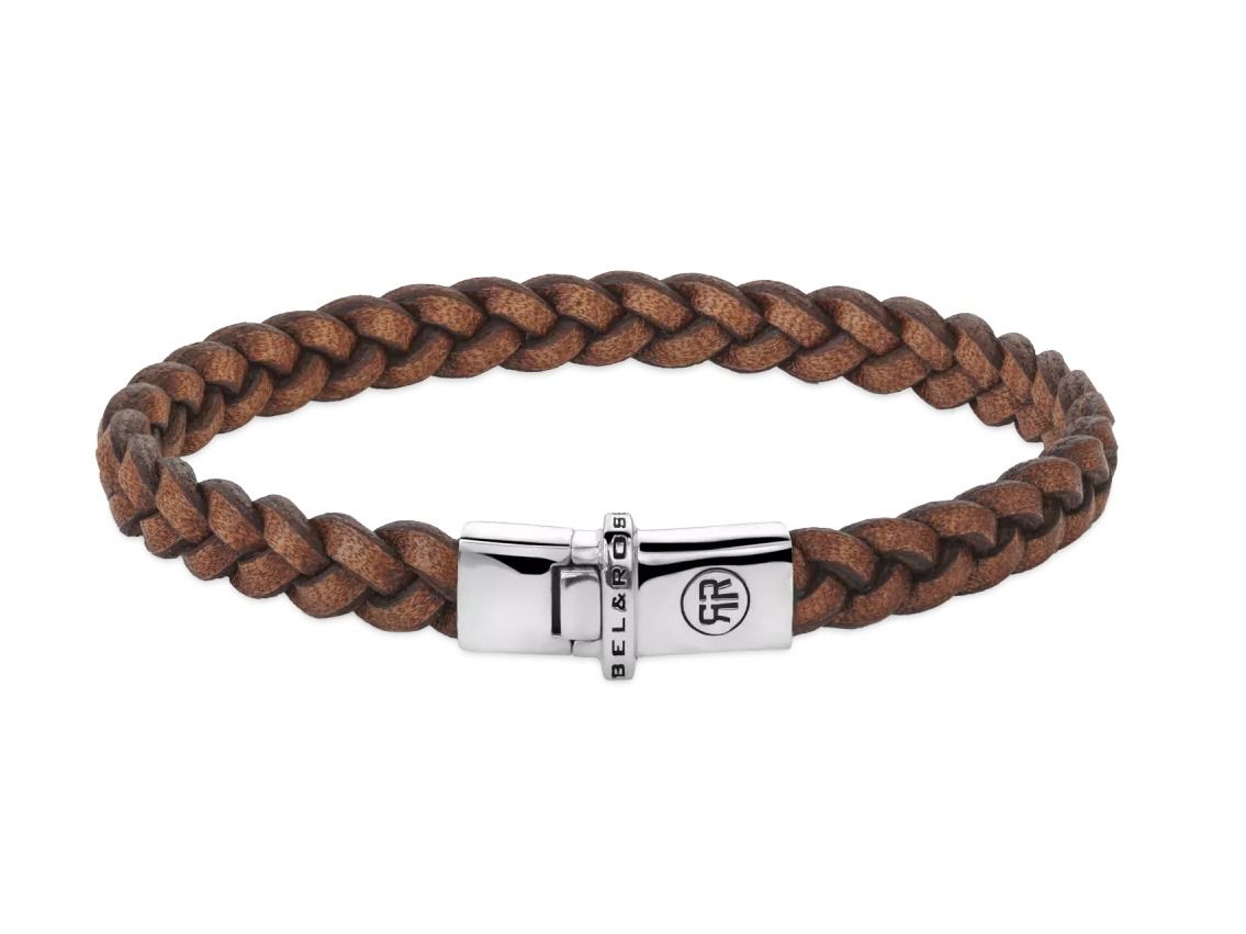 Rebel&Rose Armband Small Braided Raw Cognac Leder 925 Sterling Silber 7,1g
