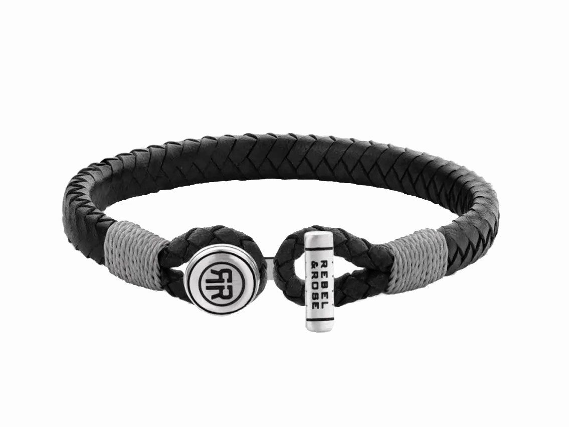 Rebel&Rose Armband Full Metal Connected Black Grey Leder Stahl 7,5g