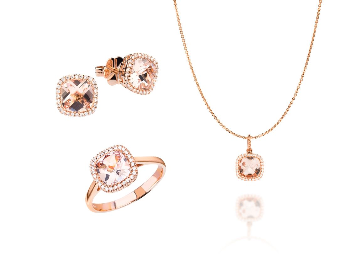 Palido Schmuckset Ring Ohrstecker Halskette Anhänger 18kt Rotgold Diamanten Morganit Rose Neu