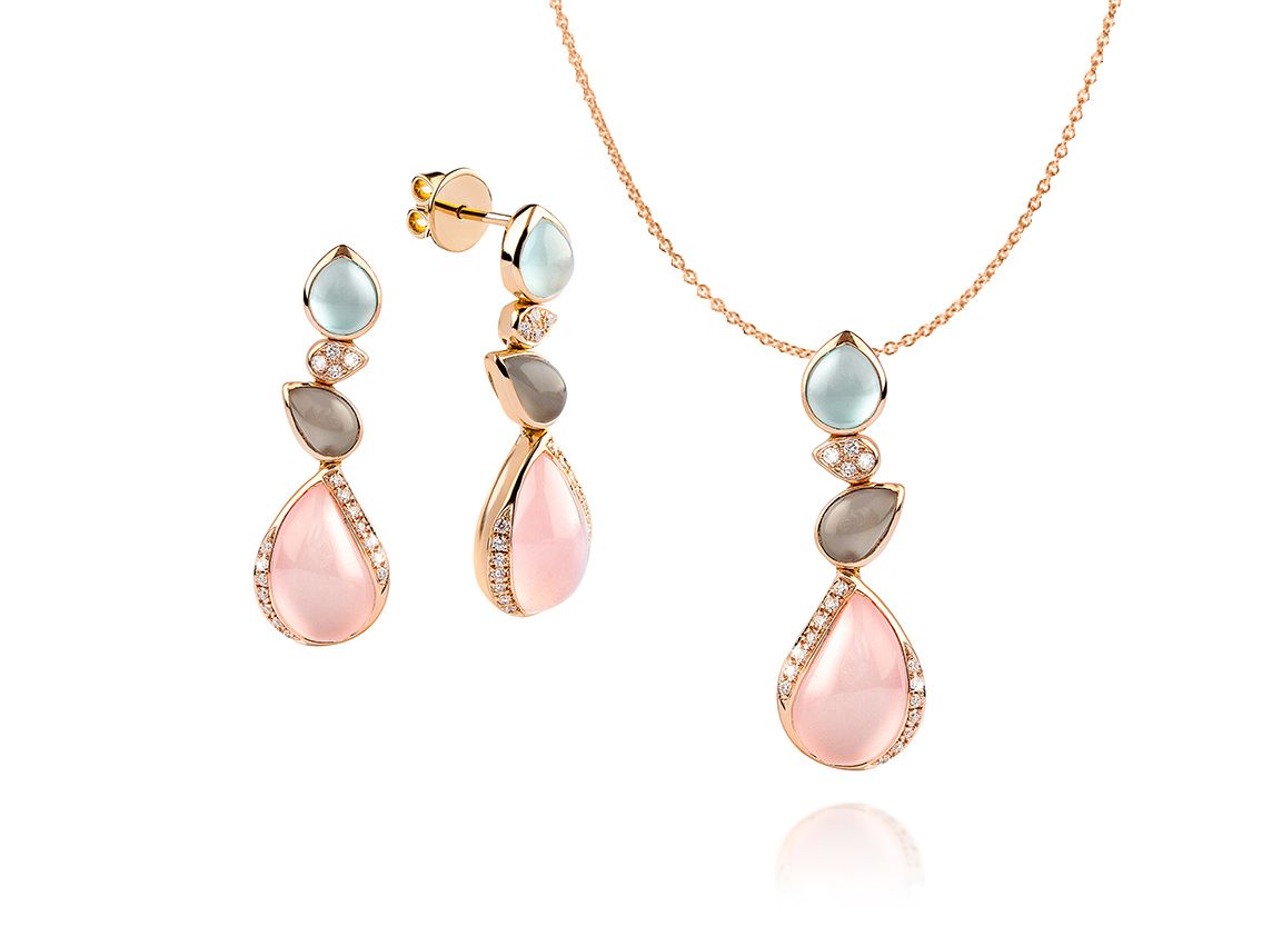 Palido Schmuckset Ohrstecker Anhänger 18kt Rotgold Diamond Rosenquarz Neu 