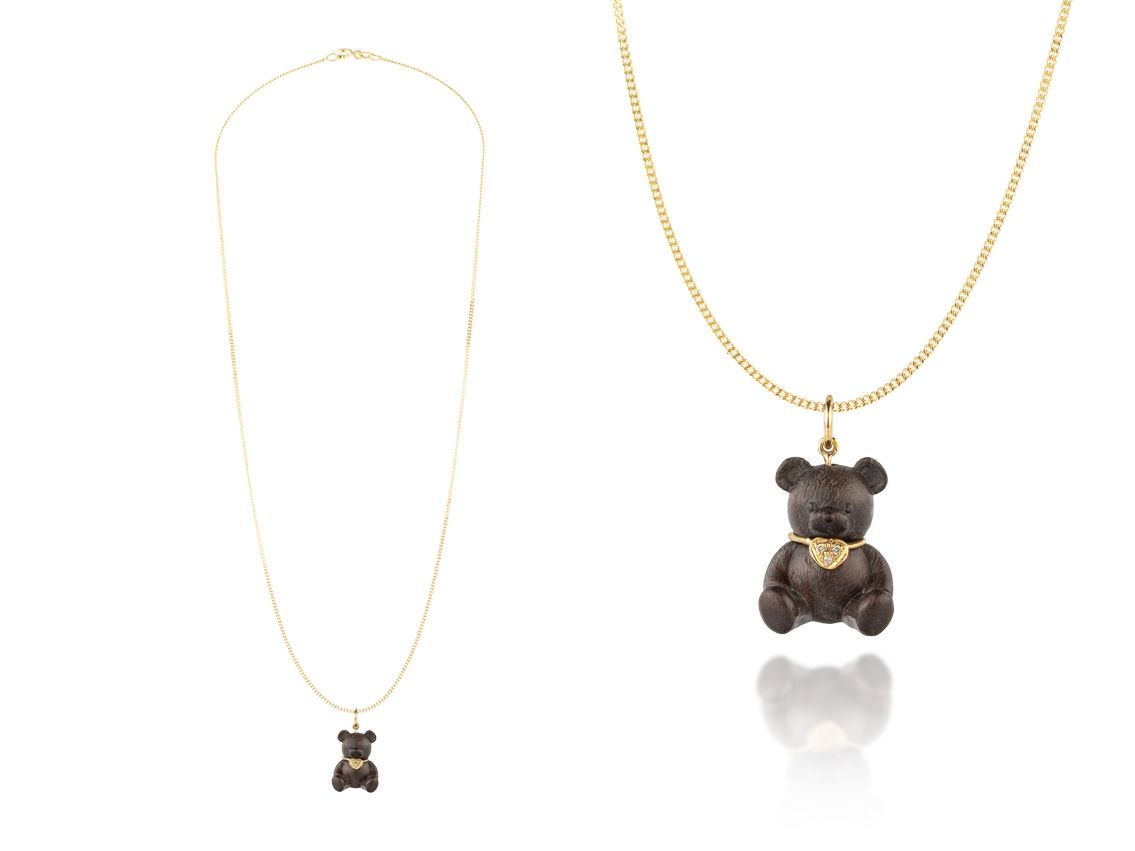 Halskette Anhänger Teddybär 18kt Gelbgold/ Holz Diamanten Neu mit Zertifikat über 279,-€ 
