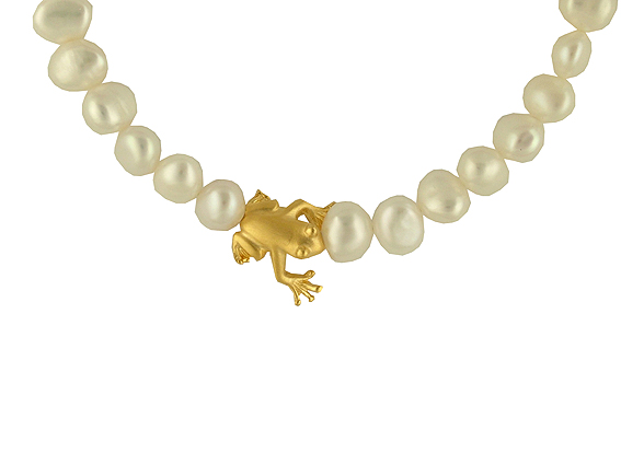 Drachenfels Collier Süsswasser Zuchtperlen "Froschkönig" Gelbgold Neu