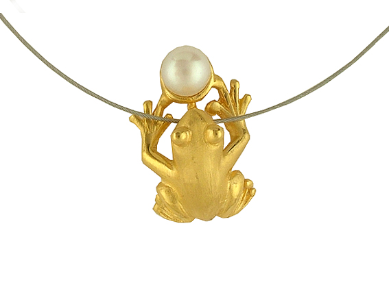 Drachenfels Anhänger "Frosch" Gelbgold mit Perle + Kette Stahlseil Neu