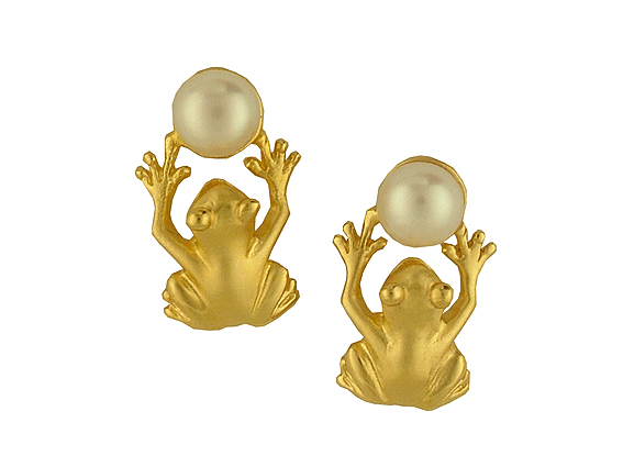 Drachenfels Ohrstecker "Frosch" Gelbgold Perle Neu