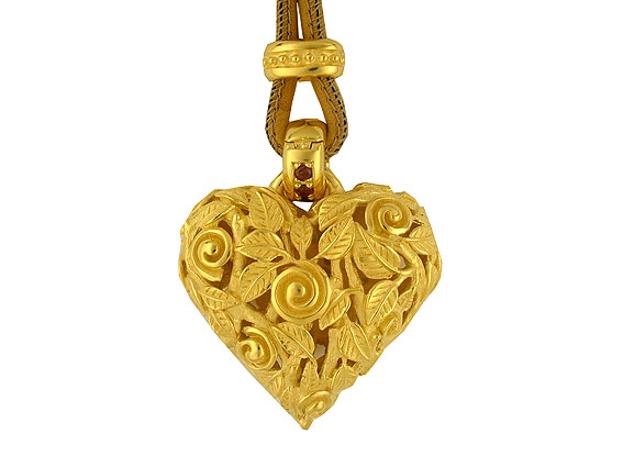 Drachenfels Anhänger "Groser Herz" Gelbgold Lederkette Granatpaveé Neu