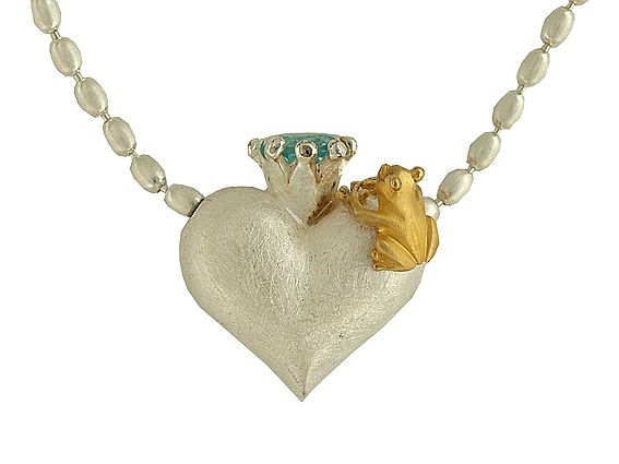Drachenfels Anhänger "Herz mit Froschkönig" und Kette Silber/Gelbgold Topas Neu