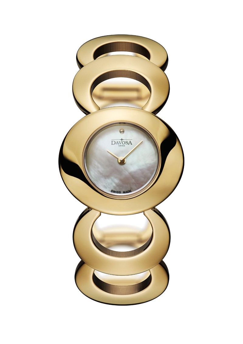 Davosa Vintage 60S Stahl PVD gelbvergoldet Perlmutt Quarz 26x30mm Neu