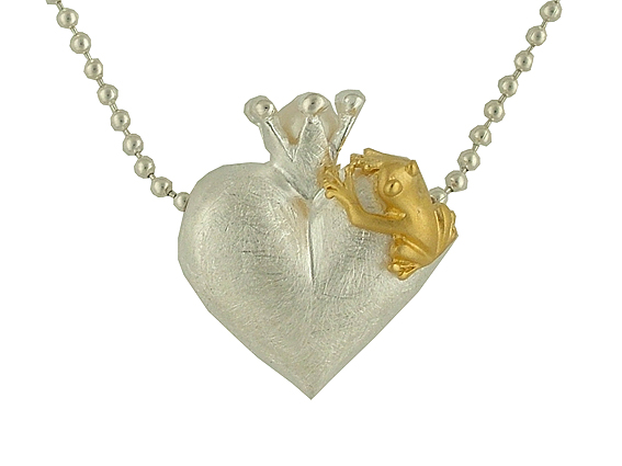 Drachenfels Anhänger "Herz mit Froschkönig" und Kette Silber/Gelbgold Perle Neu