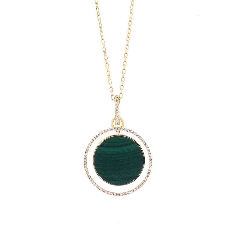 Facet Halskette 18kt Gelbgold 2,6g Diamanten 0,24ct Malachit 440mm