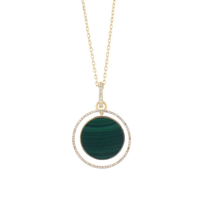 Facet Halskette 18kt Gelbgold 2,6g Diamanten 0,24ct Malachit 440mm