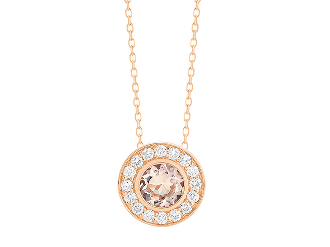 Facet Halskette mit Anhänger 18kt Roségold 2,4g Diamanten 0,20ct Morganit 0,45ct 420mm