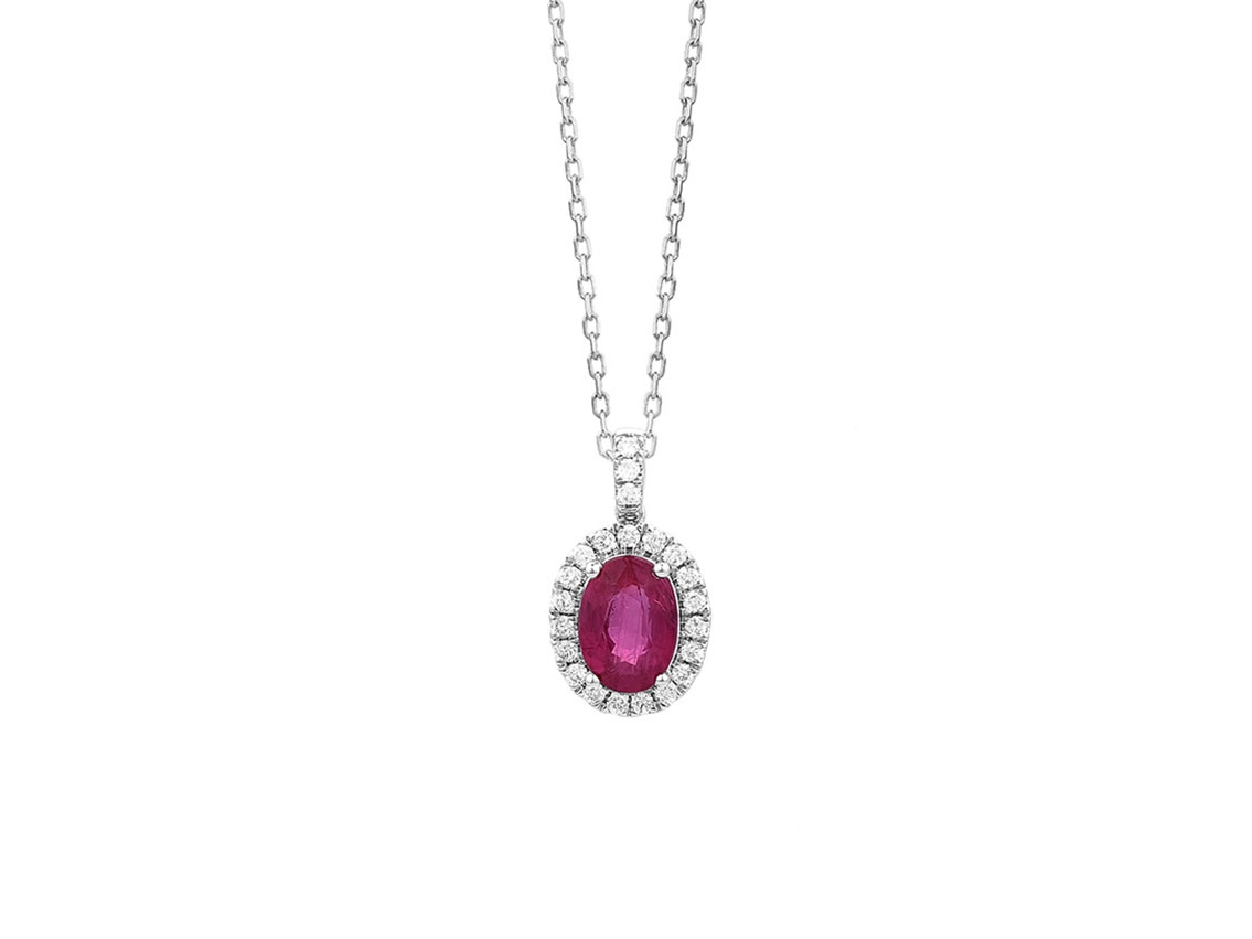 Facet Halskette Anhänger 18kt Weißgold 2,0gDiamanten 0,11ct Rubin 0,73ct 420mm