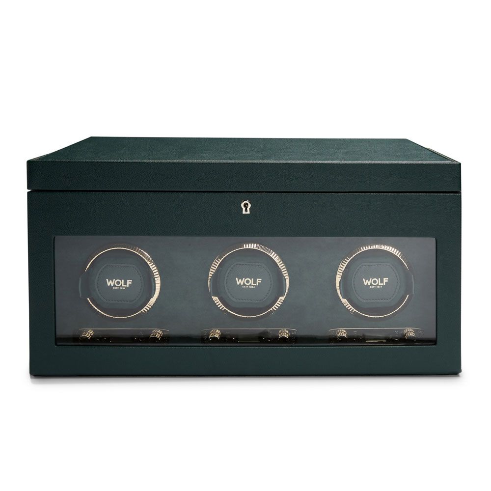 Wolf British Racing Green Triple Uhrenbeweger mit Aufbewahrungsfach Leder Ref.792341 457 x 203 x 248mm