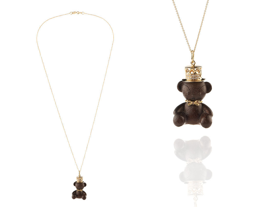 Palido Halskette Anhänger Teddybär 18kt Gelbgold / Holz Diamanten Neu